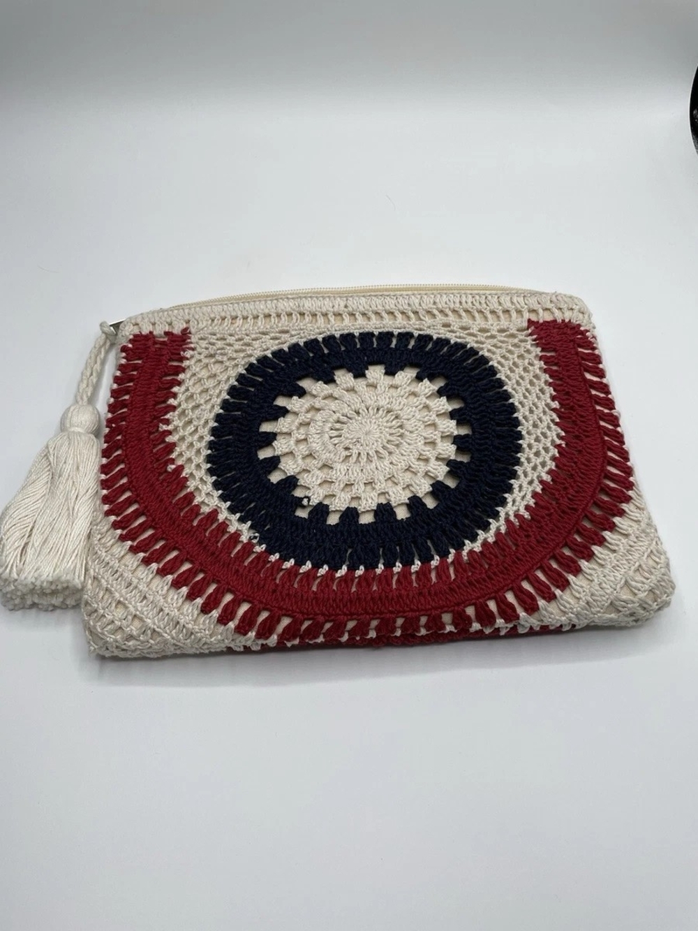 Handcrafted Crochet Tassel Clutch in Cream, Navy & Red